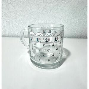 Vintage Anchor Hocking Clear Mug Glass Pink Roses Lace Design Floral with Handle